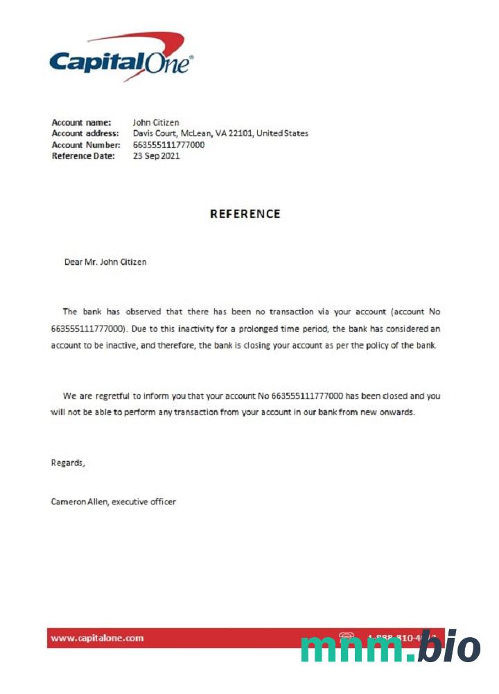 Przykład odniesienia do zamknięcia USA Capital One w formatach Word i PDF